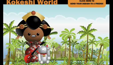 Digital, custom kokeshi holding a guitar with a white cat